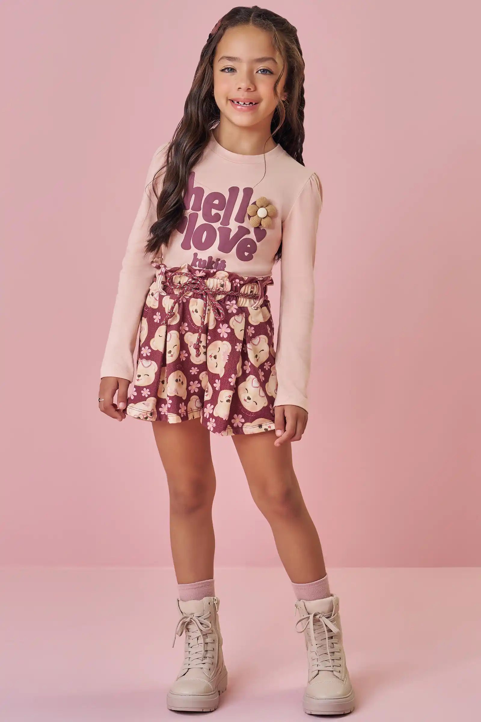 Conjunto Infantil Kukiê Inverno com Shorts Marrom e Blusa Manga Longa Hello Love