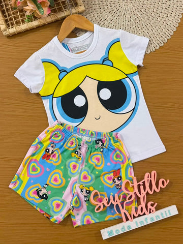 Pijama Infantil Menina Veggi com Shorts Colorido e Blusa Lindinha As Meninas Superpoderosas