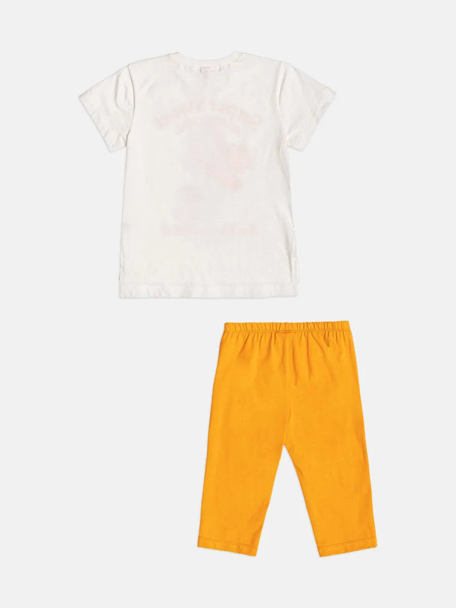 Conjunto Infantil Menina Momi com Calça Legging Laranja e Blusa Branca Sorvetinho Strass
