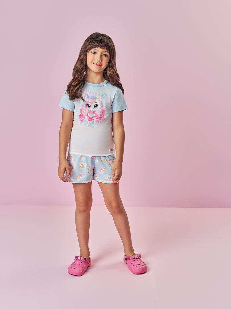 Pijama Infantil Cinti Verão com Shorts e Blusa Azul Unicórnio Magical