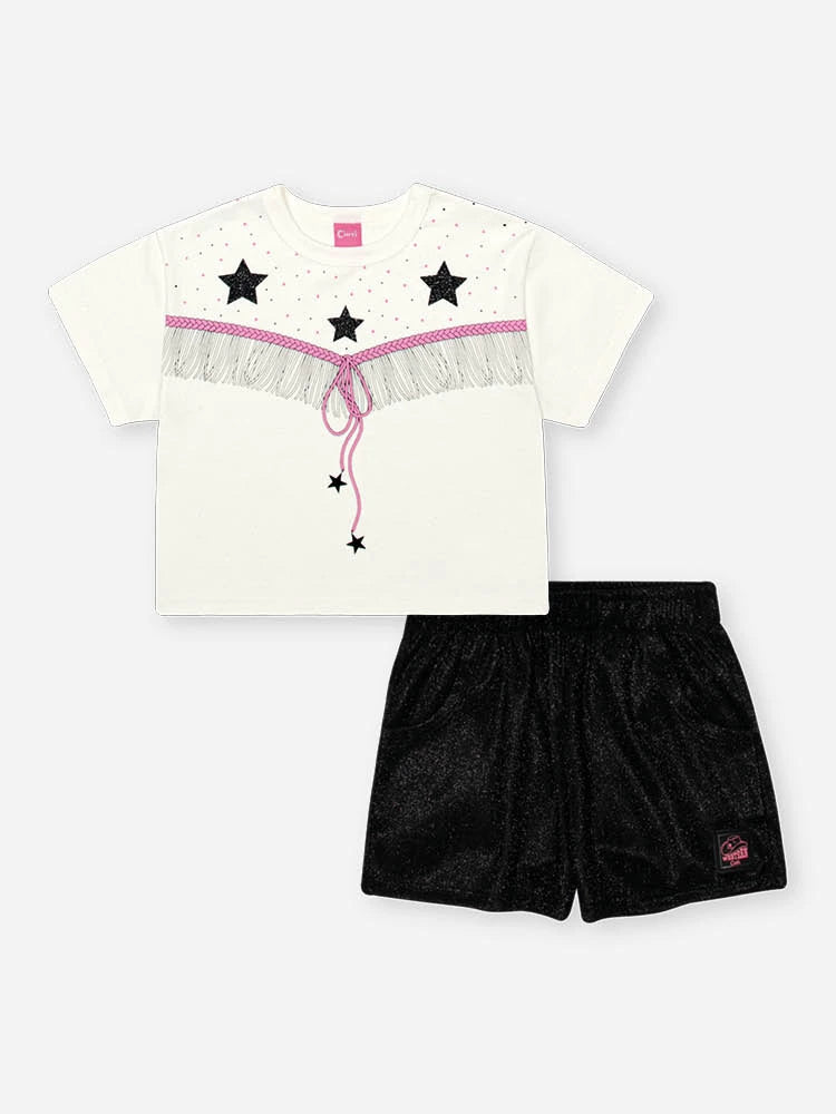 Conjunto Infantil Cinti Verão, Shorts Preto com Brilho e Blusa Estrelinha