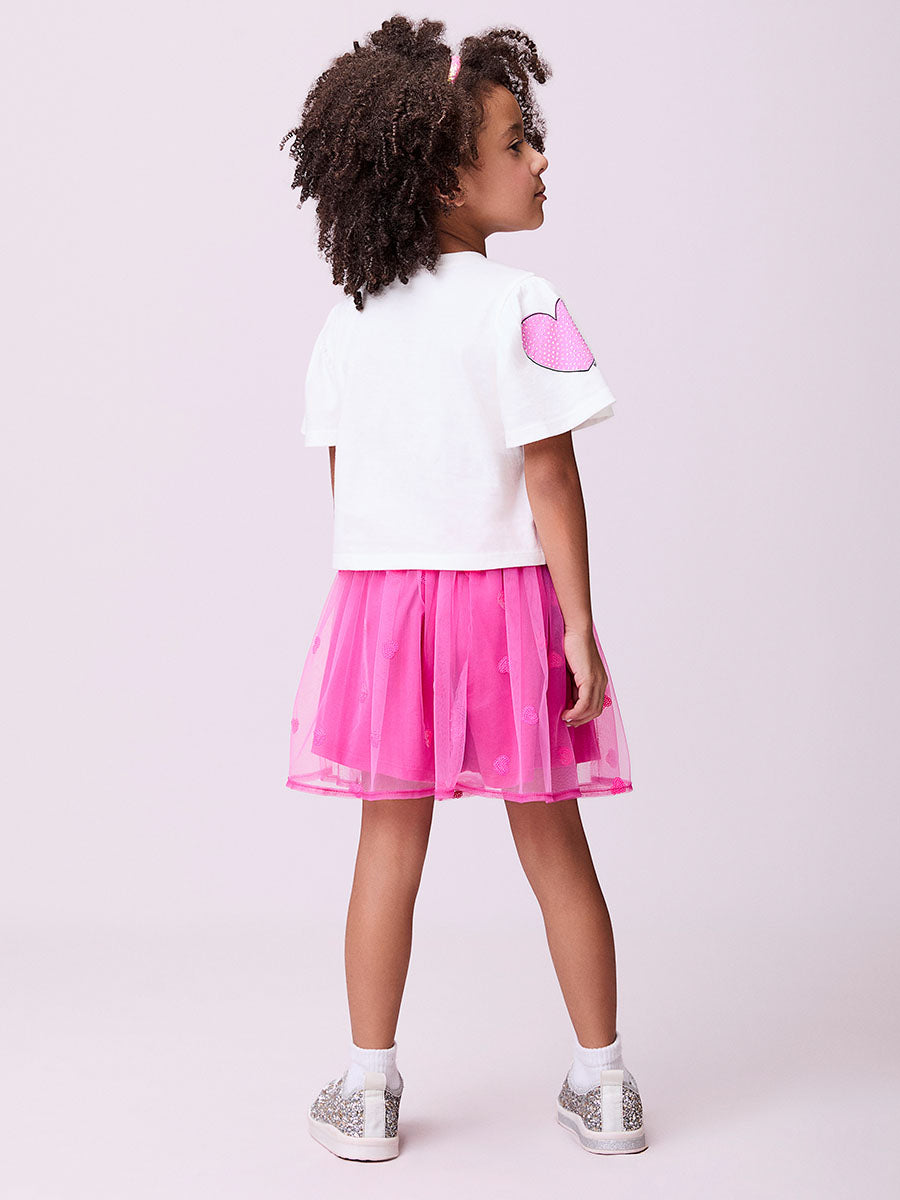 Conjunto Infantil Momi Verão Saia Rosa Tule e Blusa Coração