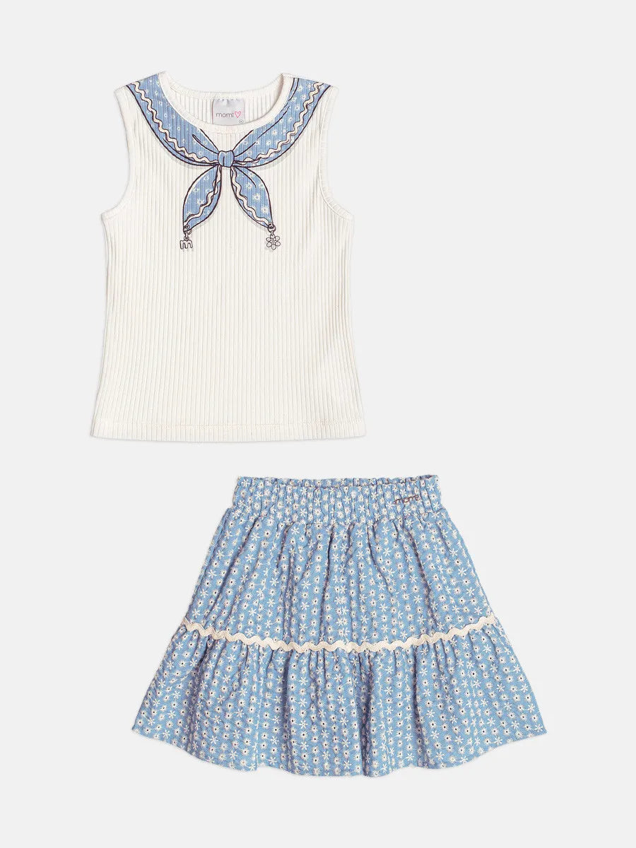 Conjunto Infantil Menina Momi Saia Laise Azul e Blusa Lacinho
