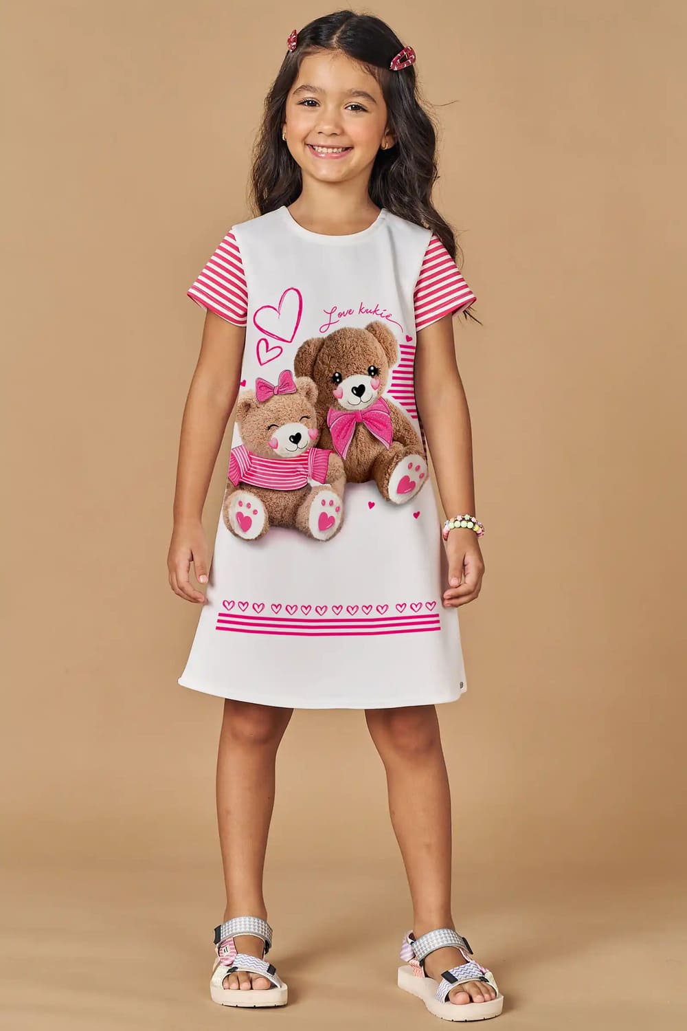 Vestido Infantil Kukie Verão Branco e Rosa Ursinhos