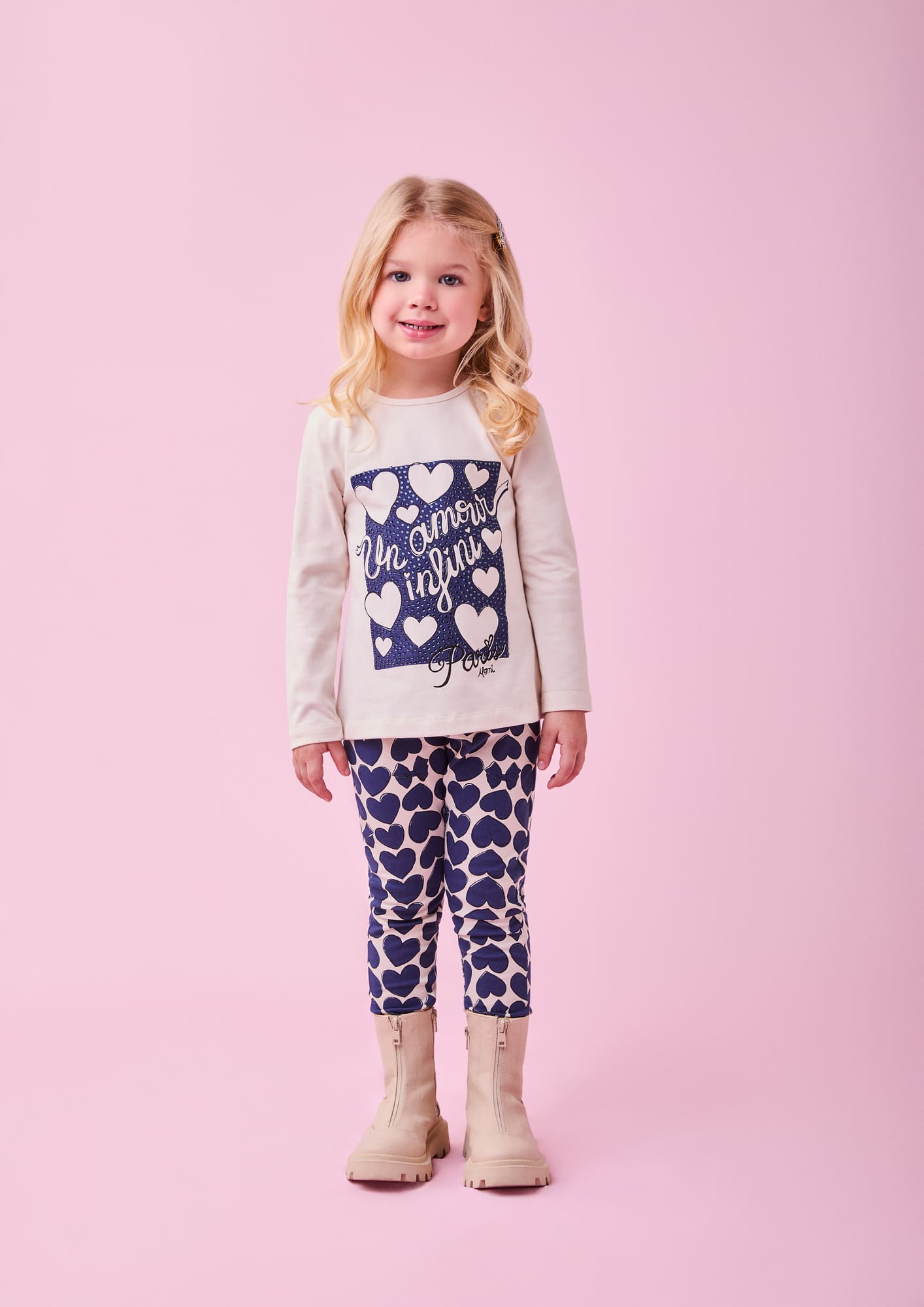 Conjunto Infantil Momi Inverno com Calça e Blusa Bege Corações