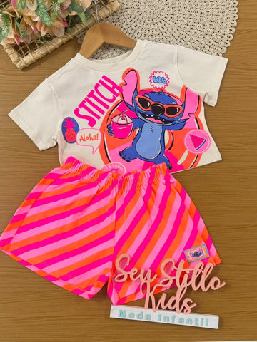 Conjunto Infantil Menina Bimbi Shorts Listrado e Blusa Stitch Verão Disney