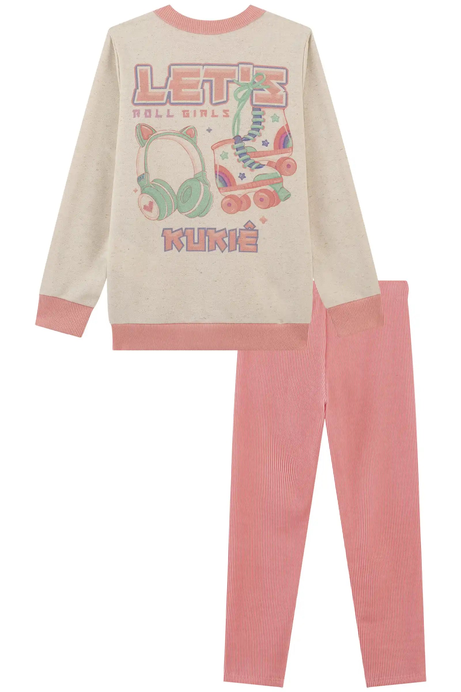 Conjunto Infantil Kukiê Inverno com Calça Legging Rosa e Moletom sem Flanela Patins