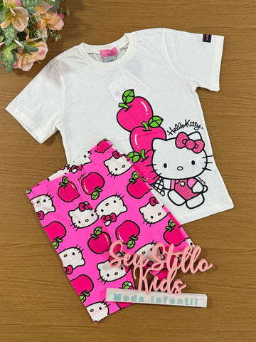 Conjunto Infantil Momi Verão Shorts Ciclista Rosa e Blusa Hello Kitty
