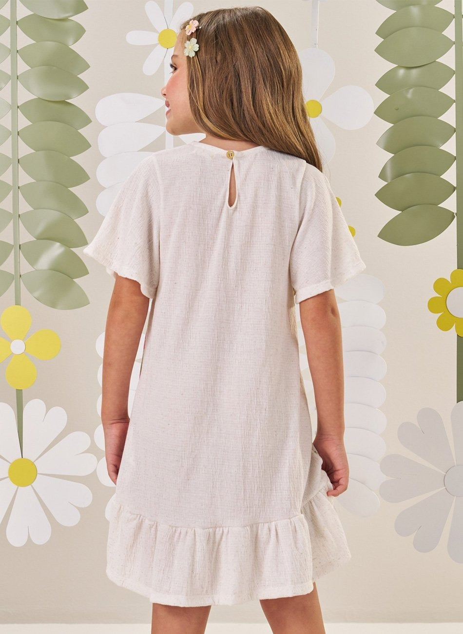 Vestido Infantil Kukiê Verão Off White com Pom Pom Gatinha Jardineira