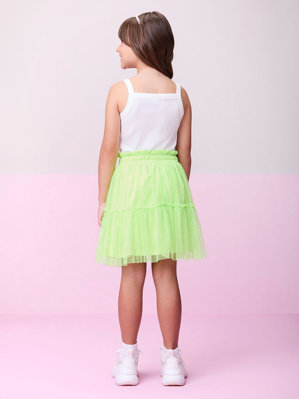Conjunto Infantil Momi Verão Saia em Tule Verde e Blusa Canelada Com Brilho