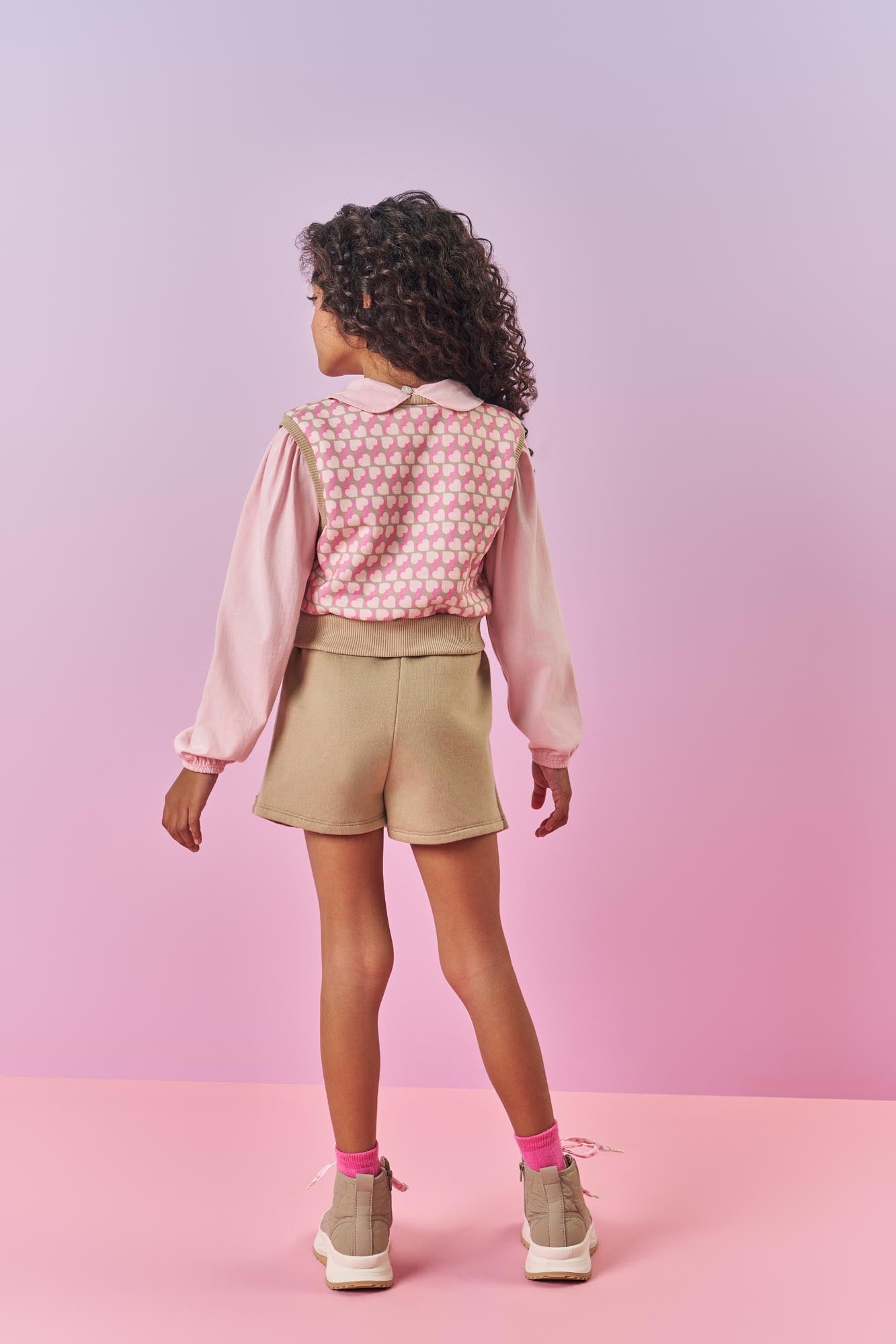 Conjunto Infantil Cinti Inverno Shorts Saia e Blusa Manga Longa com Colete Corações