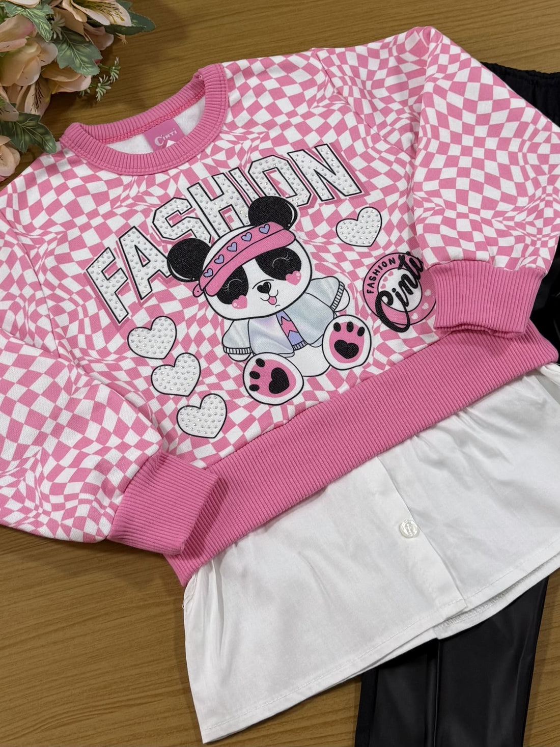 Conjunto Infantil Cinti Inverno Calça e Moletom Flanelado Rosa Panda