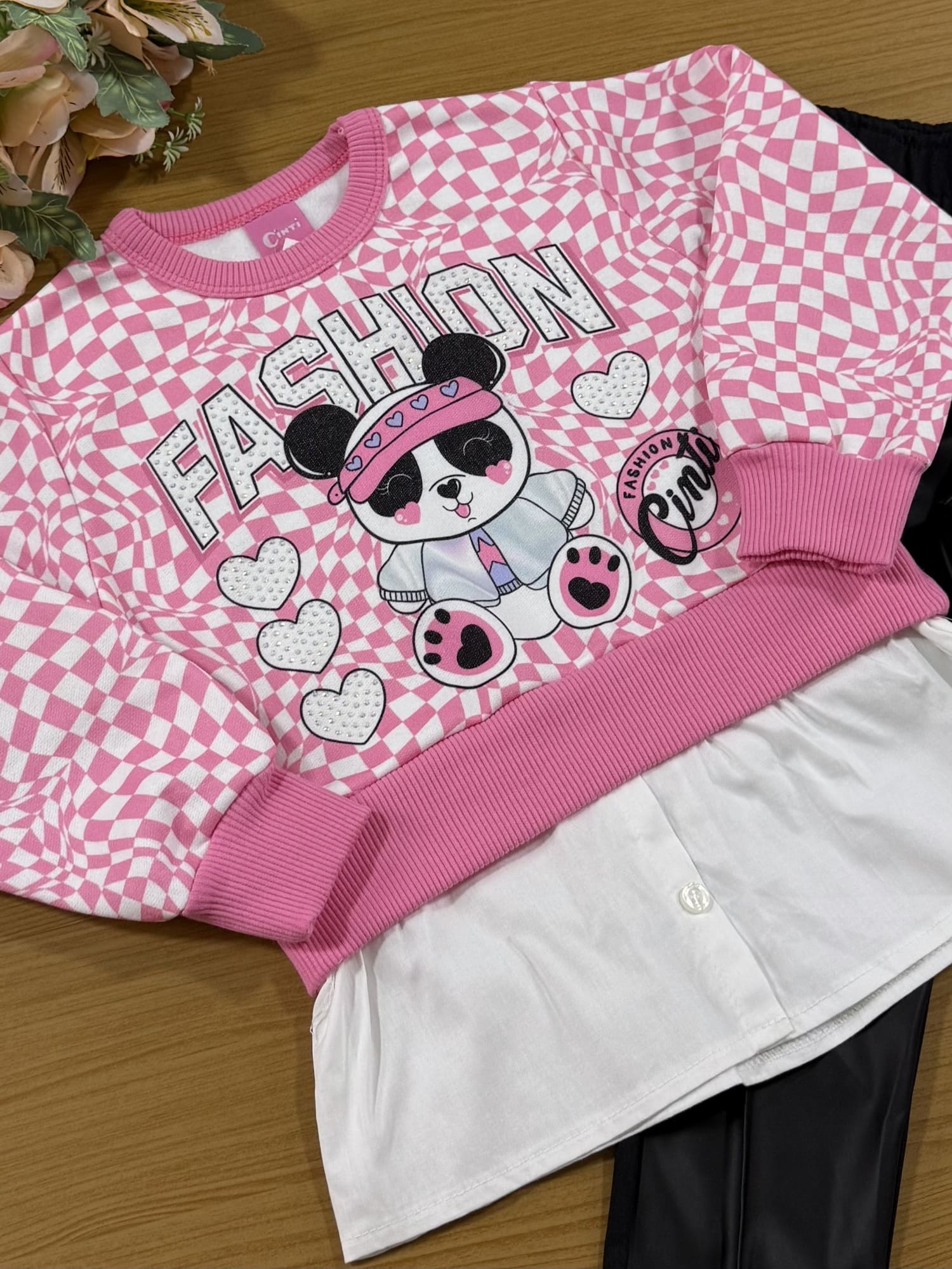 Conjunto Infantil Cinti Inverno Calça e Moletom Flanelado Rosa Panda
