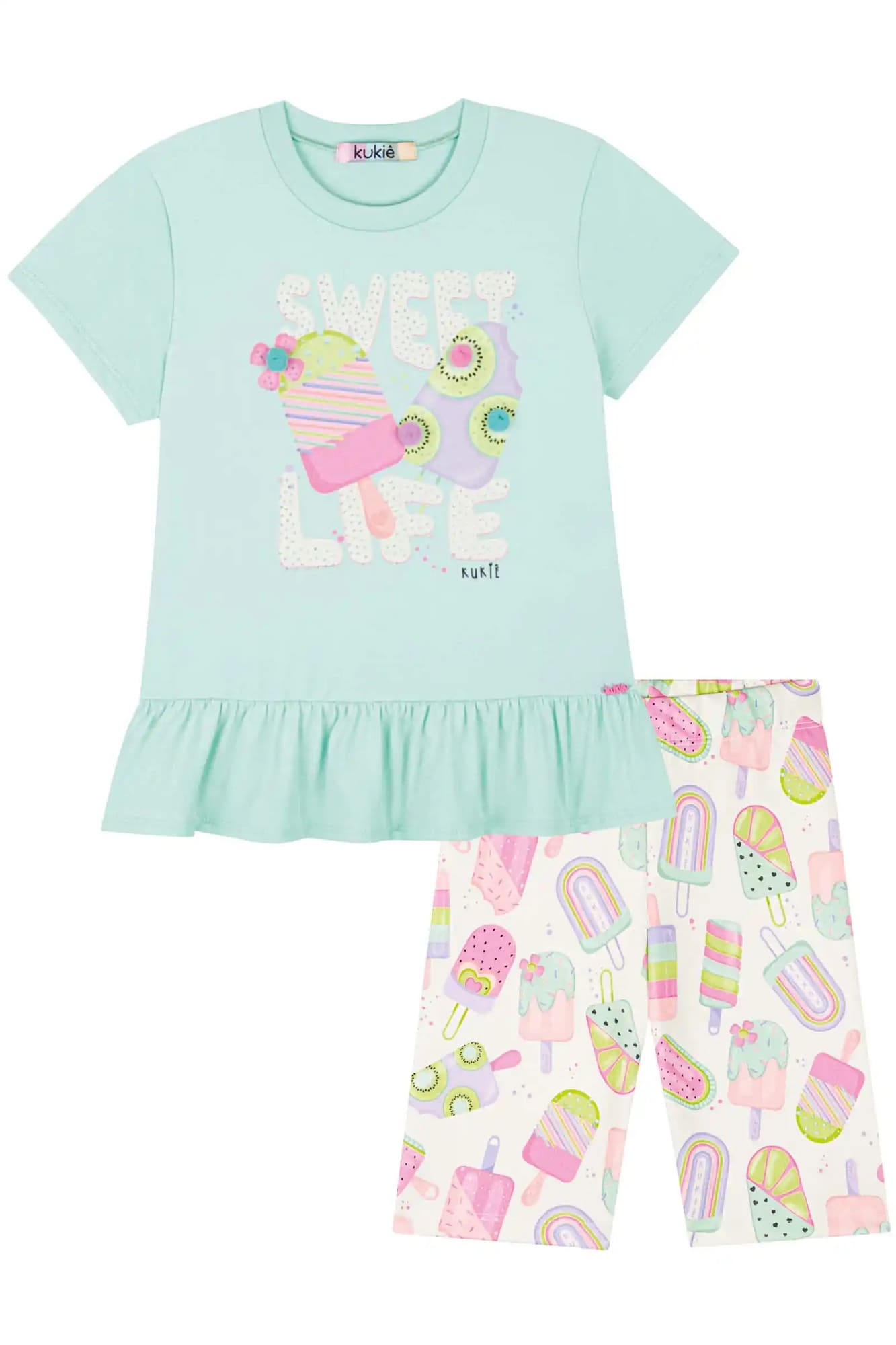 Conjunto Infantil Kukiê Verão com Shorts Ciclista Off White e Blusa Verde Sorvetinho