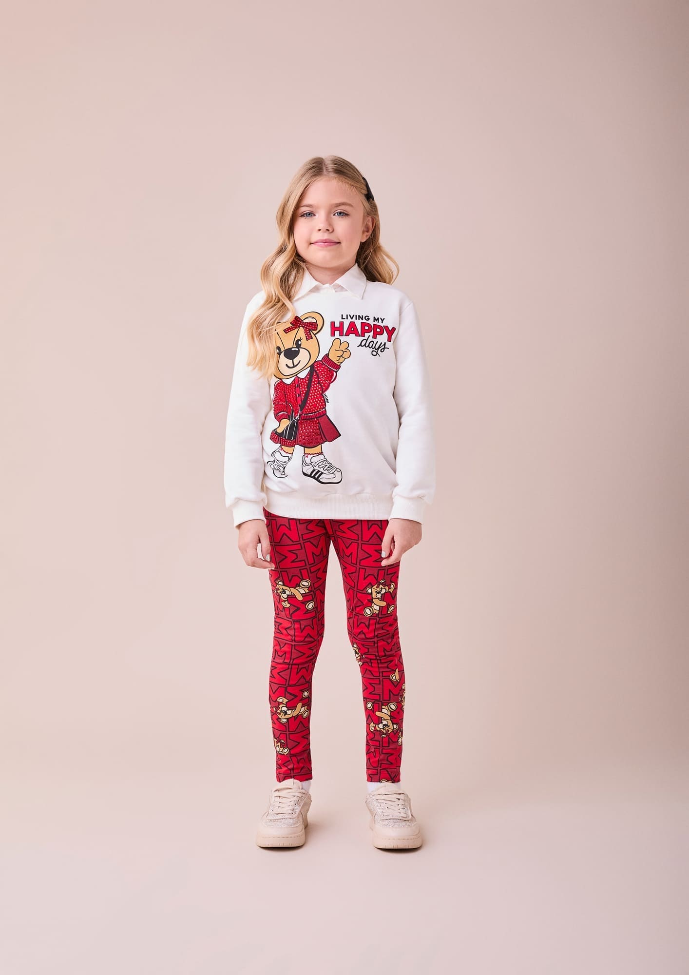 Conjunto Infantil Momi Inverno com Calça e Casaco Branco Ursinha Happy com Strass