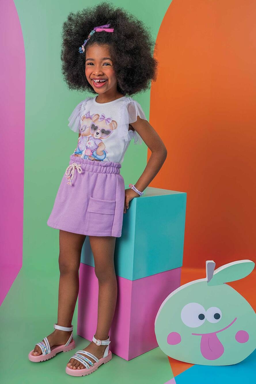 Conjunto Infantil Kukie Verão Shorts Saia Lilás e Blusa Ursinha