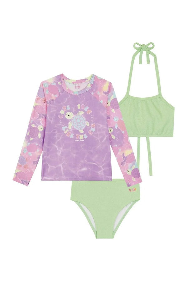 Biquíni Infantil Kukiê Verão Verde com Blusa Manga Longa Tartaruguinha
