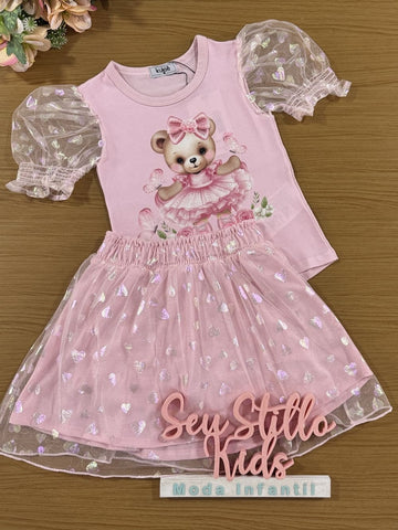 Conjunto Infantil Kukie Saia Tule e Blusa Rosa Ursinha Fofa