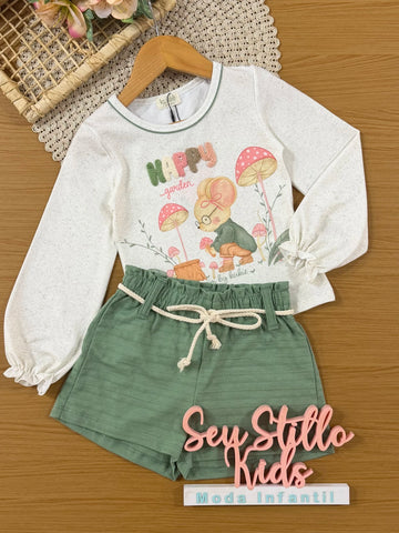 Conjunto Infantil Kukiê Inverno com Shorts Verde e Blusa Manga Longa Happy