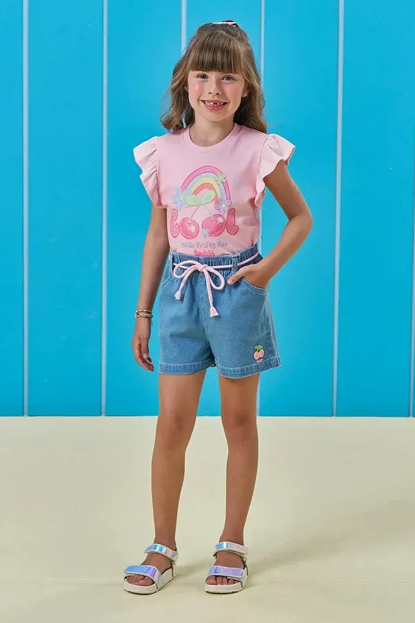 Conjunto Infantil Menina Kukiê com Shorts Jeans e Blusa Cerejinha Arco-íris