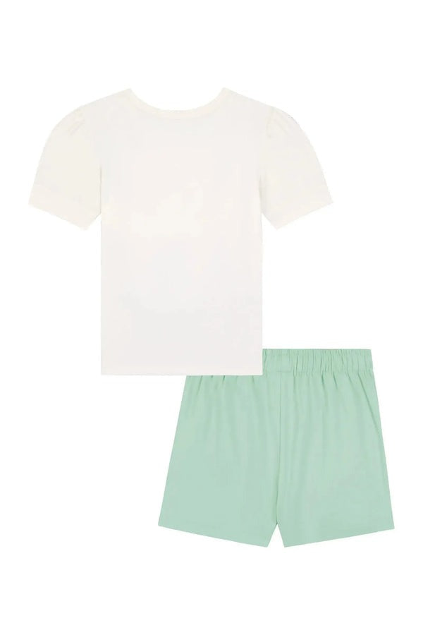 Conjunto Infantil Kukiê Verão com Shorts Saia Verde e Blusa Branca Flower