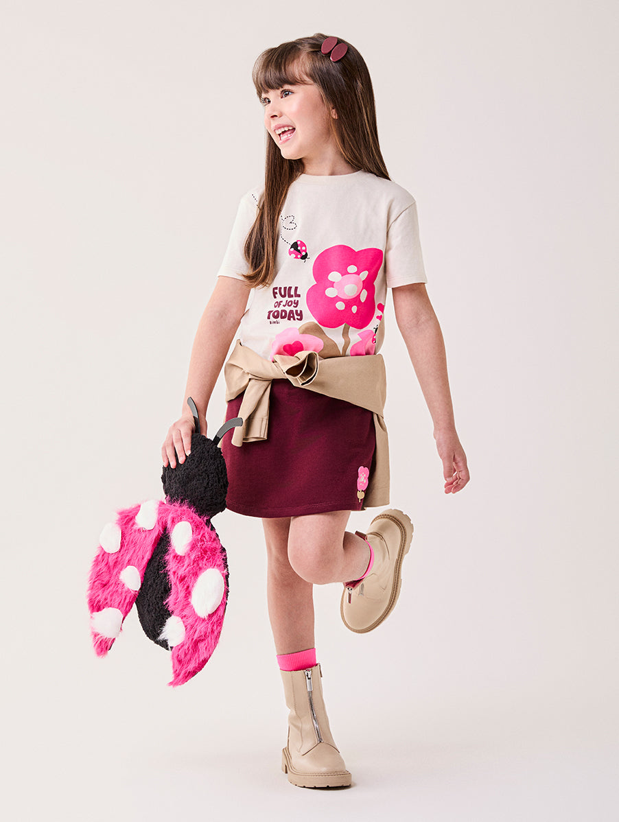 Conjunto Infantil Bimbi Inverno com Shorts Saia e Blusa Manga Curta Bege Floral