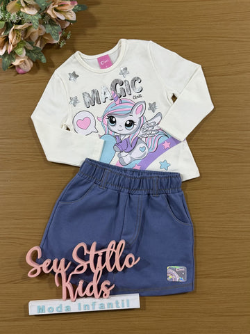 Conjunto Infantil Cinti Inverno Shorts Saia e Blusa Off White Unicórnio