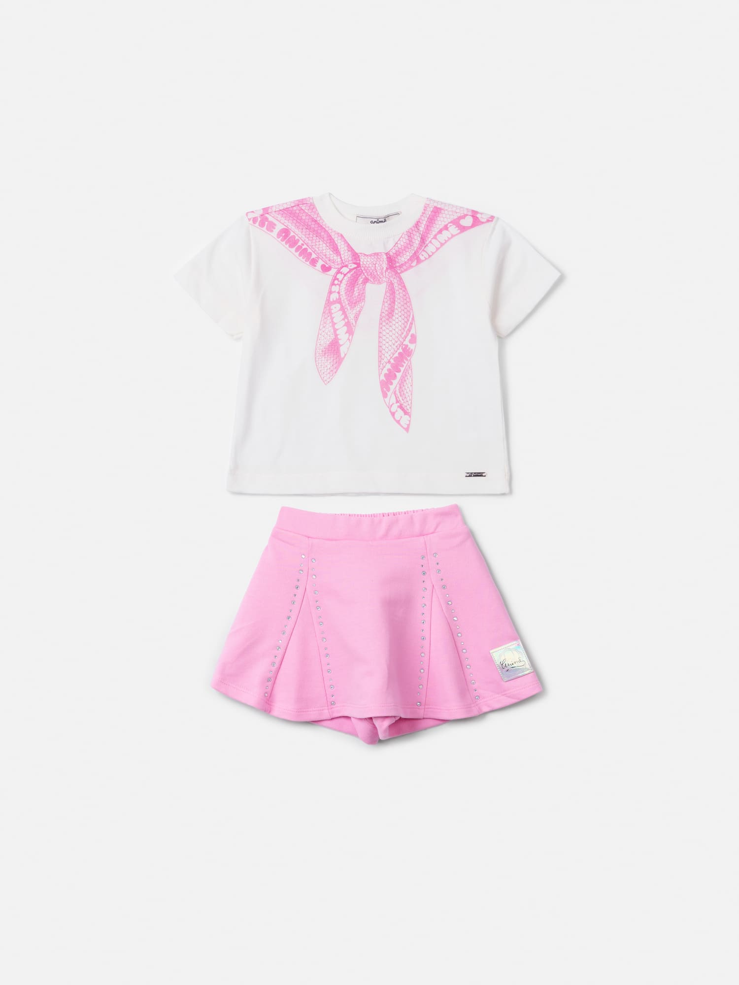 Conjunto Infantil Animê Verão com Shorts Saia Lilás e Blusa Branca Bandana