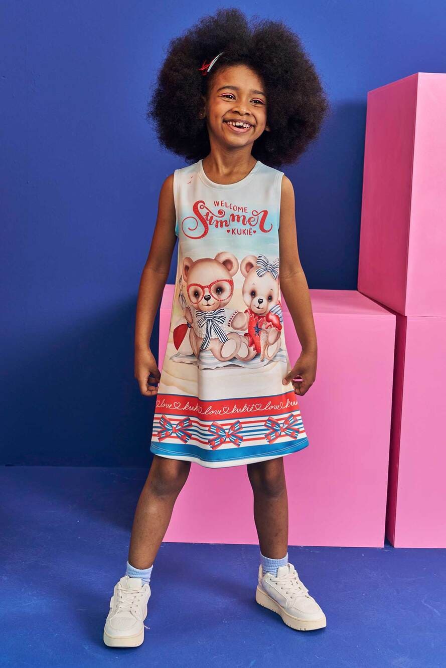 Vestido Infantil Kukie Verão Ursinhos na Praia