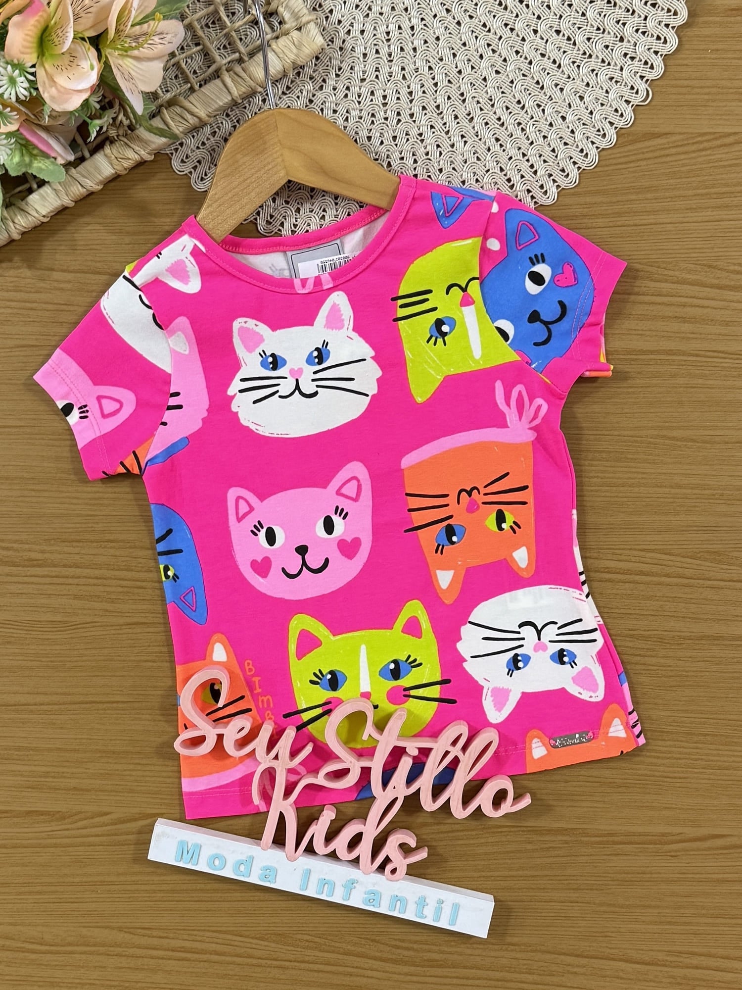Blusa Infantil Bimbi Verão Rosa Gatinhas