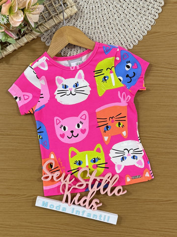 Blusa Infantil Bimbi Verão Rosa Gatinhas