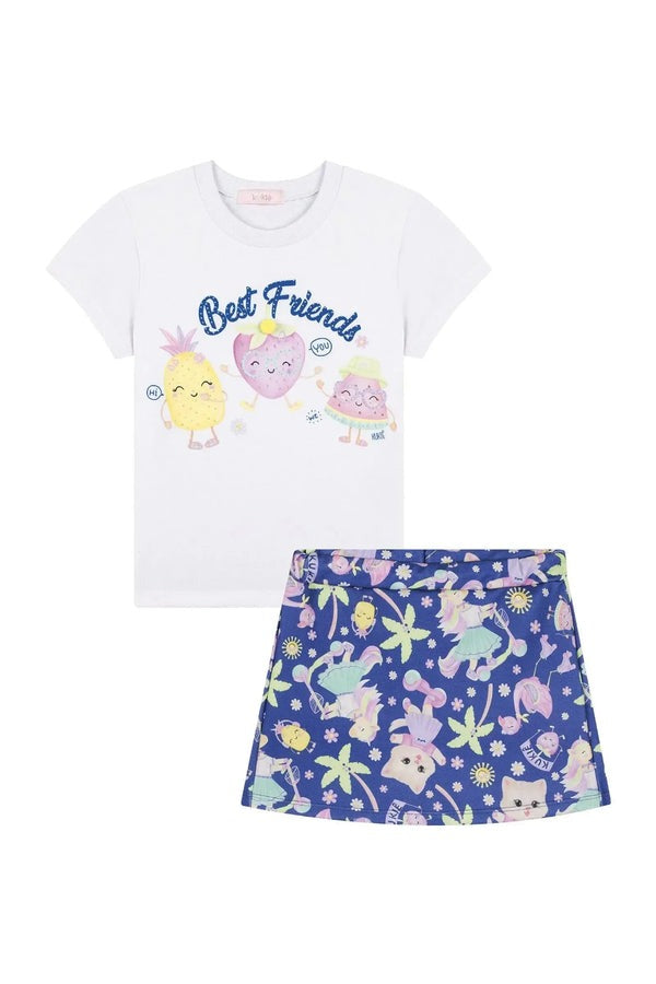 Conjunto Infantil Kukiê Verão com Shorts Saia Azul e Blusa Branca Frutinhas