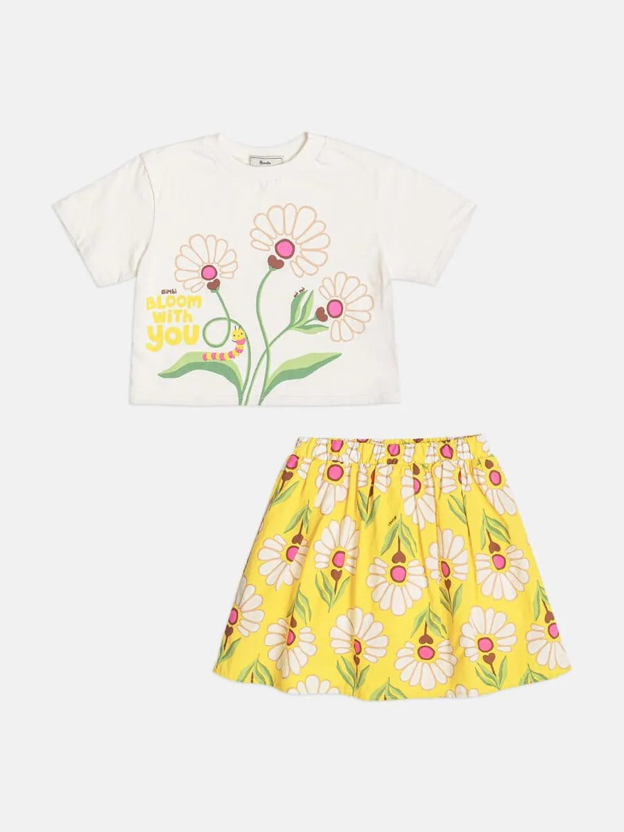 Conjunto Infantil Menina Bimbi com Saia Amarela e Blusa Branca Florzinhas