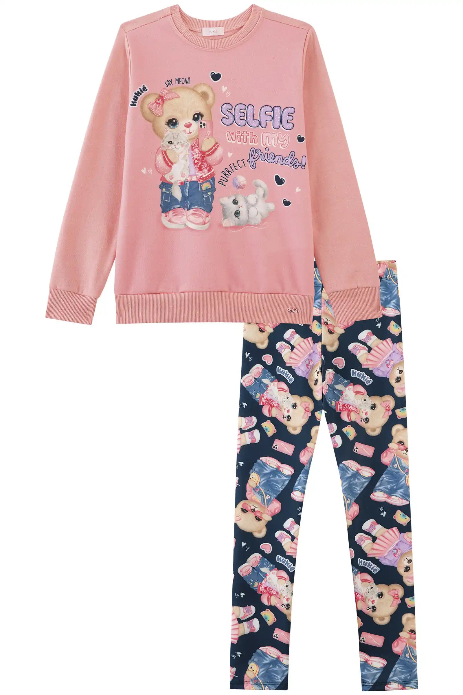 Conjunto Infantil Kukiê Inverno com Calça Legging Azul e Moletom Flanelado Ursinha Selfie