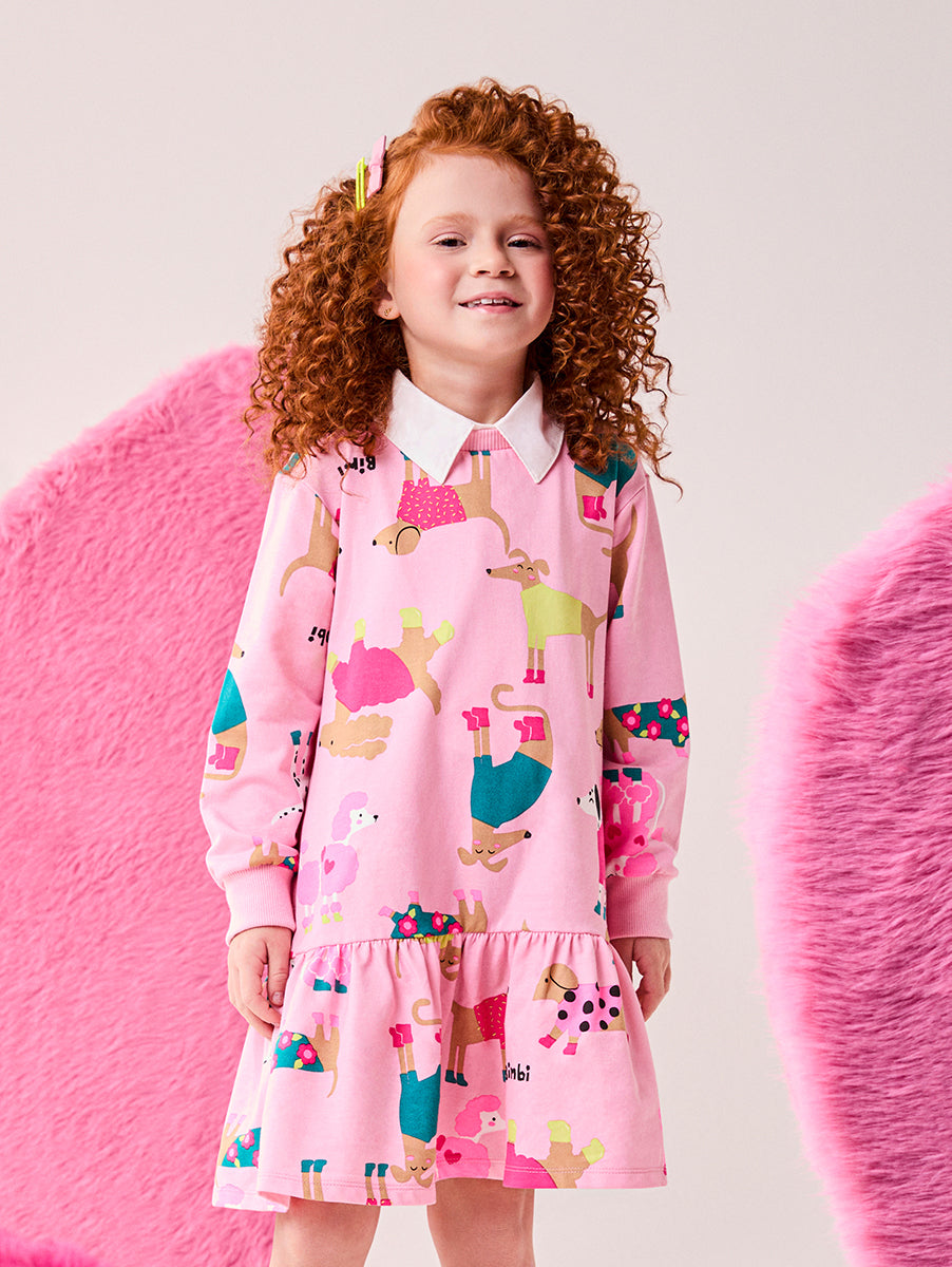 Vestido Infantil Bimbi Inverno Rosa Cachorrinho