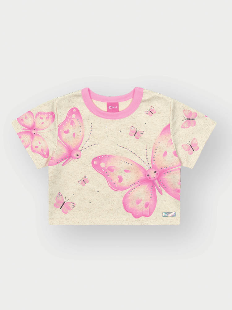 Conjunto Infantil Cinti Verão com Shorts e Blusa Off White Borboletas