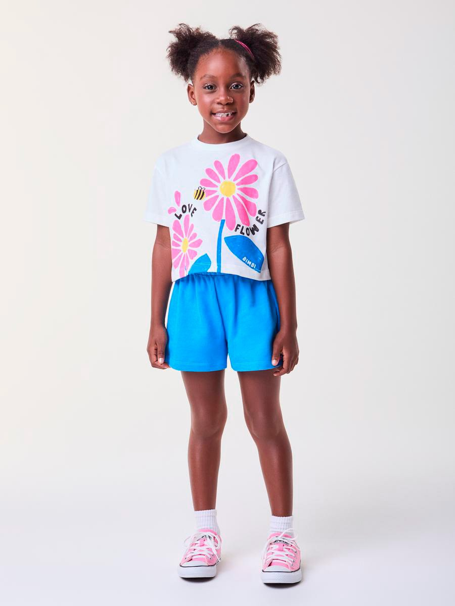 Conjunto Infantil Bimbi Verão com Shorts Azul e Blusa Branca Love Flower