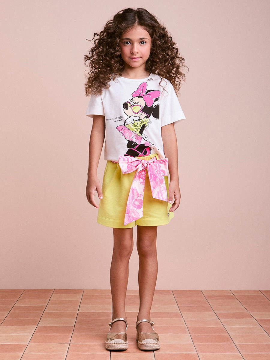 Conjunto Infantil Animê Verão Shorts Verde com Laço e Blusa Branca Minnie Mouse Disney