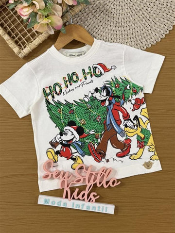 Blusa Infantil Animê Verão Branca Mickey e Amigos Natal Disney