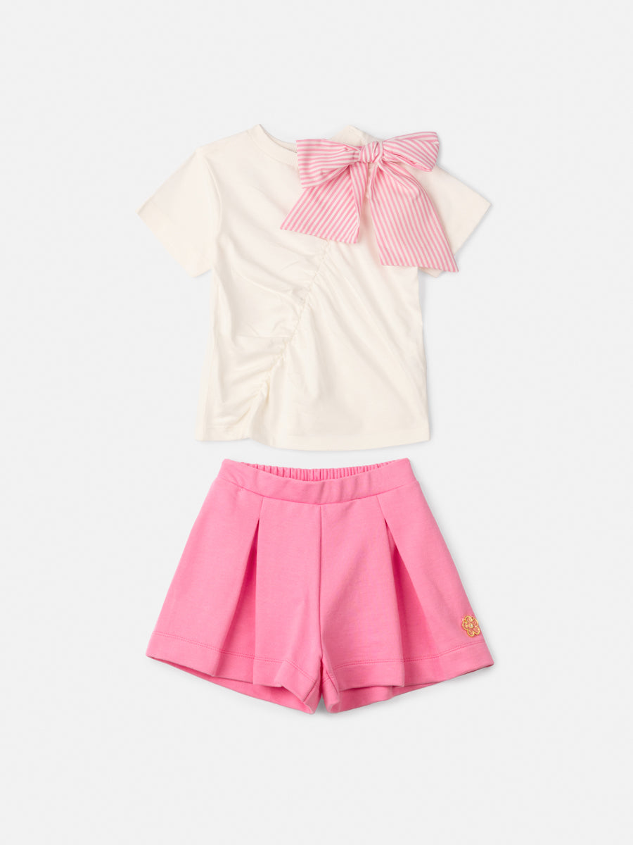 Conjunto Infantil Animê Verão Shorts Rosa e Blusa Branca Lacinho