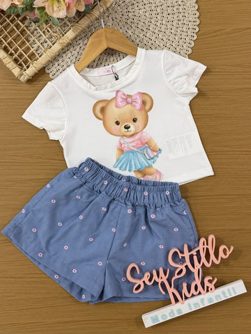 Conjunto Infantil Kukiê com Shorts Jeans e Blusa Ursinha