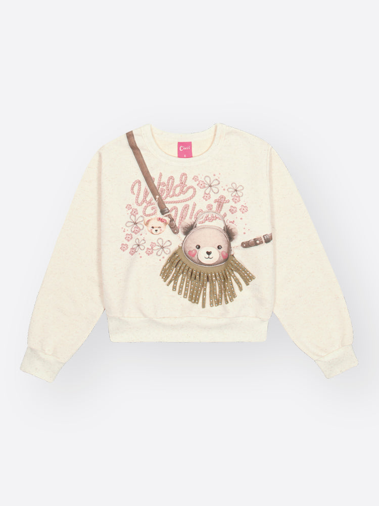 Conjunto Infantil Cinti Inverno com Shorts-Saia Bege e Blusa Manga Longa Ursinha 3d