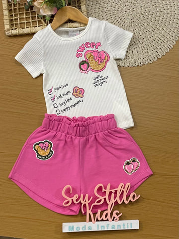 Conjunto Infantil Momi Inverno Shorts Rosa e Blusa Manga Curta Sweet
