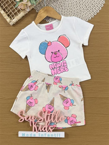 Conjunto Infantil Momi Verão com Shorts Saia Bege e Blusa Branca Ursinha com Strass