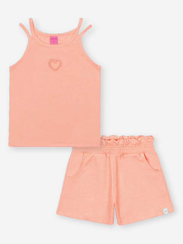 Conjunto Infantil Belime Verão com Shorts e Regata Laranja Coração