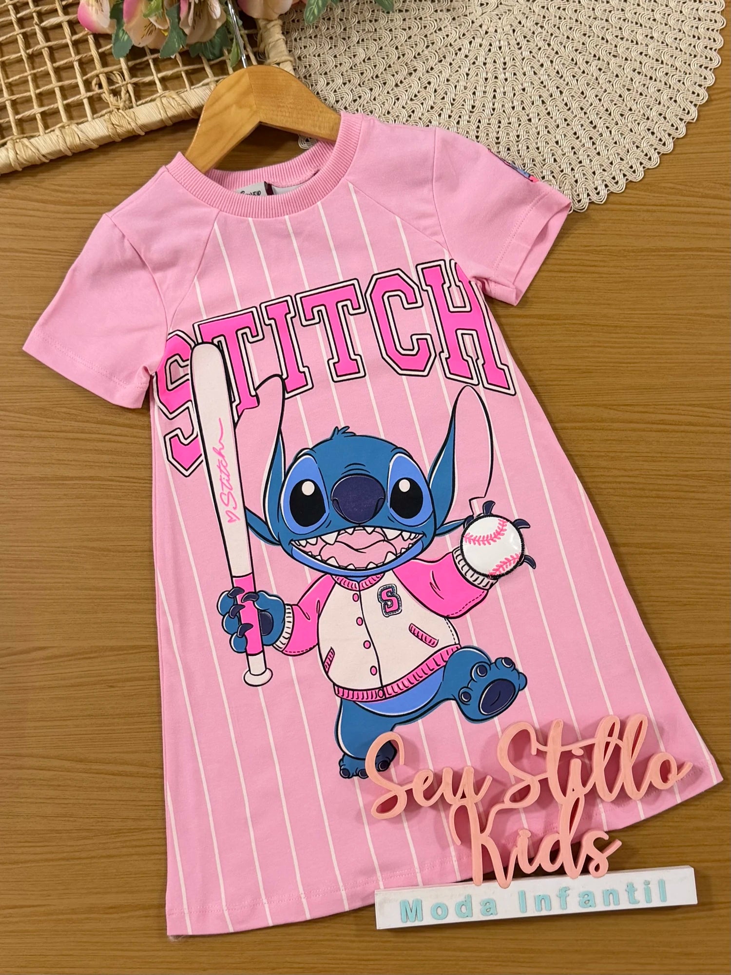 Vestido Infantil Momi Inverno Rosa Listrado Stitch
