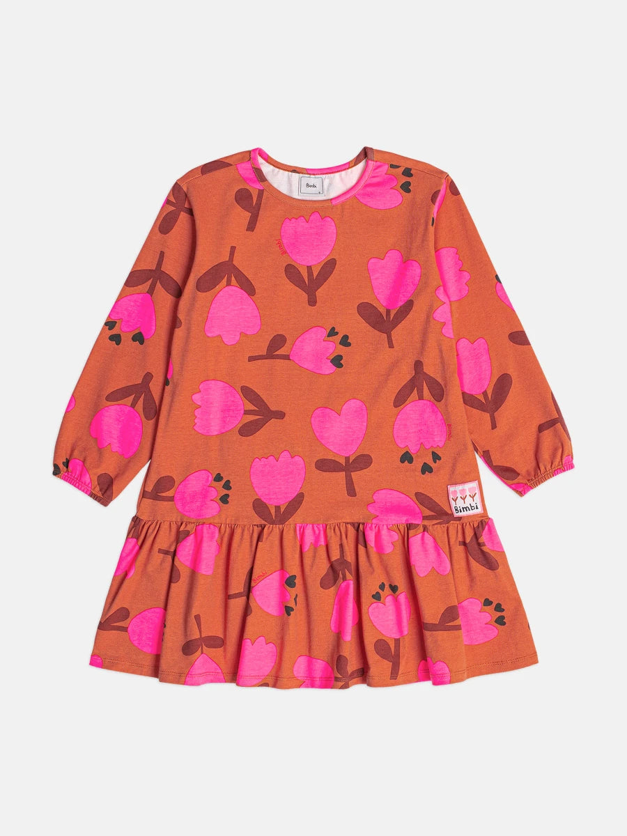 Vestido Infantil Bimbi Inverno Manga Longa Marrom Florzinhas