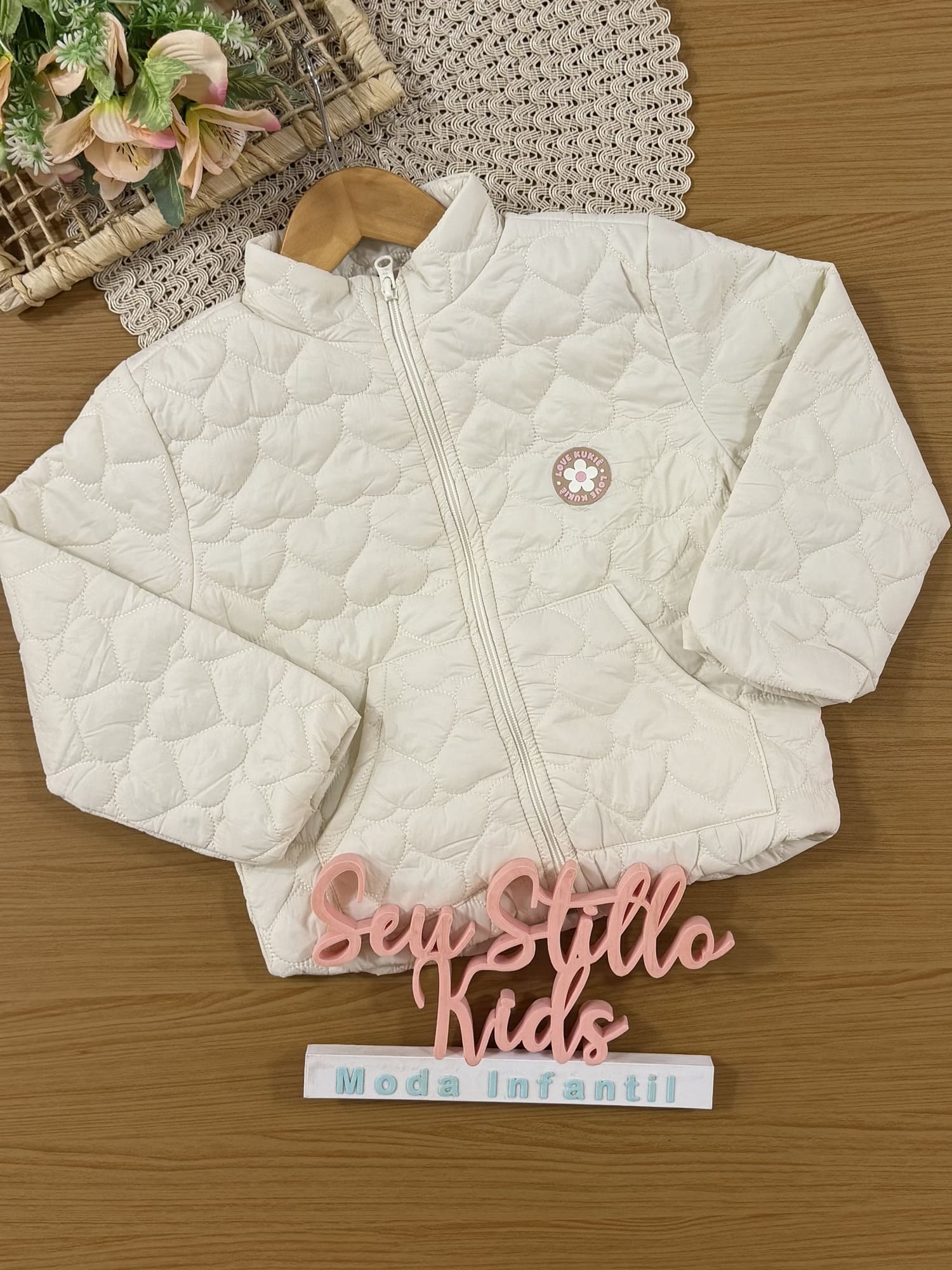 Jaqueta Infantil Kukiê Inverno Puffer Off White Corações