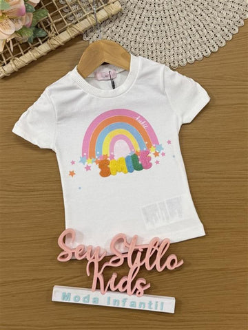 Blusa Infantil Kukiê Verão Branca Smile Arco-íris