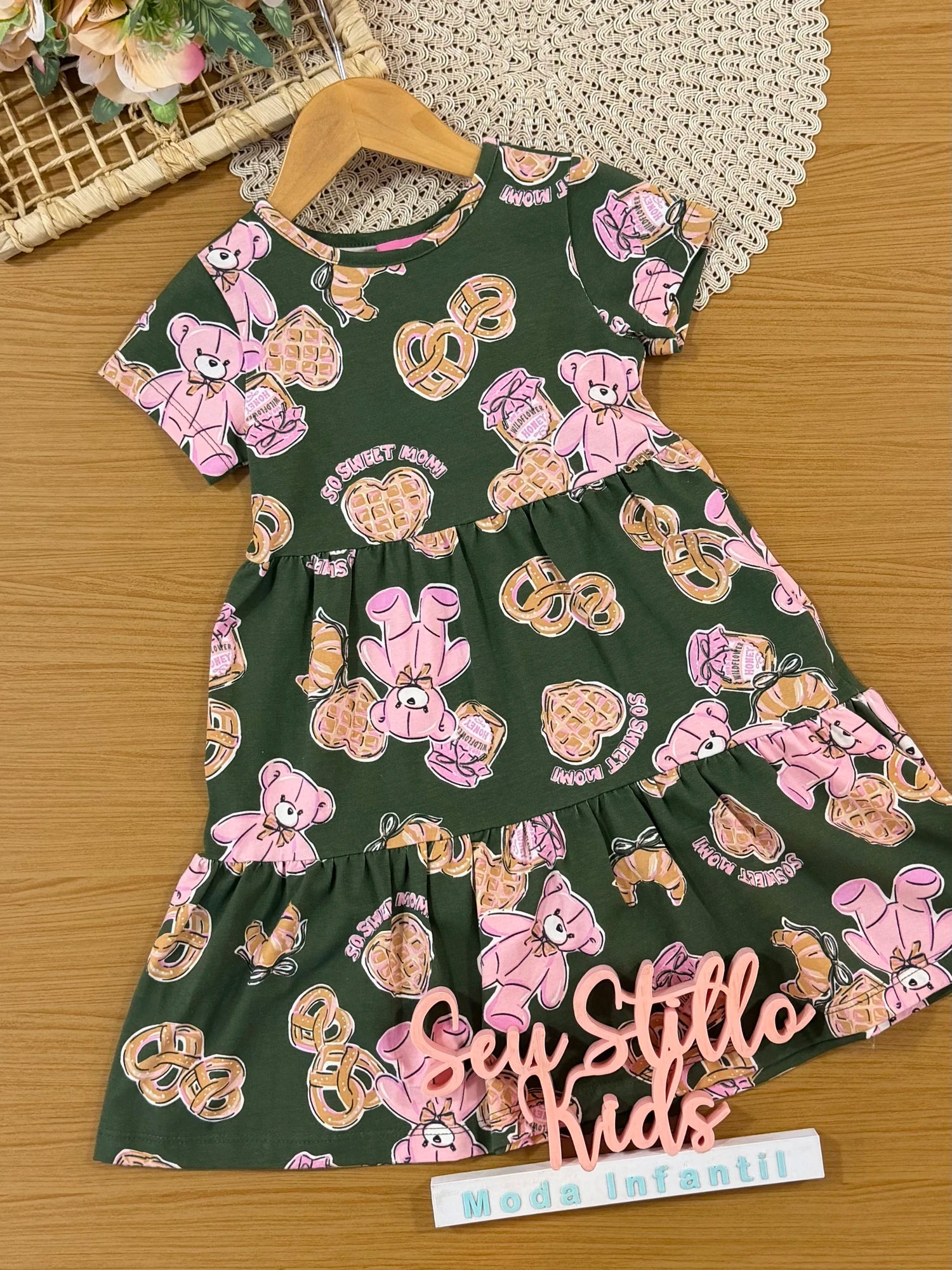 Vestido Infantil Momi Inverno Verde Ursinho Docinhos